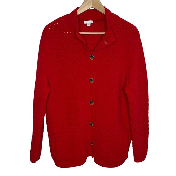 J. Jill Womens Button Front Cardigan Sweater Large Red Basket Weave Knit Pockets - Picture 1 of 11